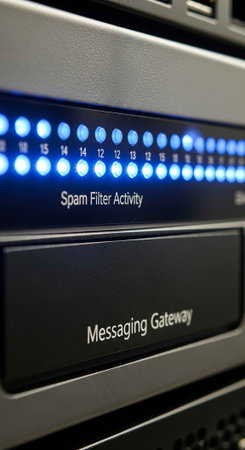 A close-up view of a computer server's messaging gateway with a spam filter activity displayの写真素材
