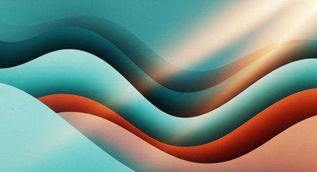 A vibrant abstract illustration of wavy lines in shades of blue, orange, and teal with a radiant light beamの写真素材