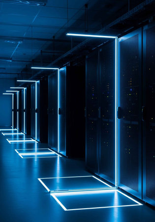 A dimly lit server room with blue LED lights illuminating rows of computer servers and data storage cabinetsの写真素材