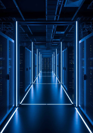 A futuristic data center with blue illuminated server racks and a sleek, modern designの写真素材