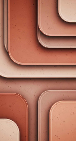 A modern abstract design featuring layered rounded squares in various shades of brown and beigeの写真素材