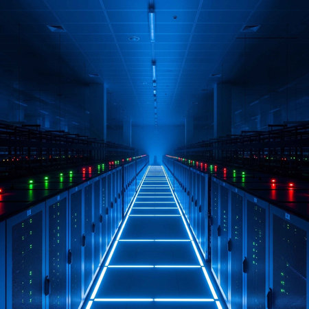 A dimly lit server room with rows of computer servers and illuminated blue lines on the floorの写真素材