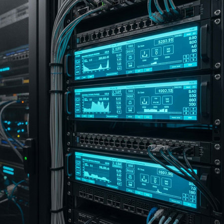 A close-up view of a server rack with multiple screens displaying data and graphs in a data centerの写真素材