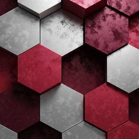 A close-up view of a modern geometric pattern featuring red and gray hexagonal tilesの写真素材