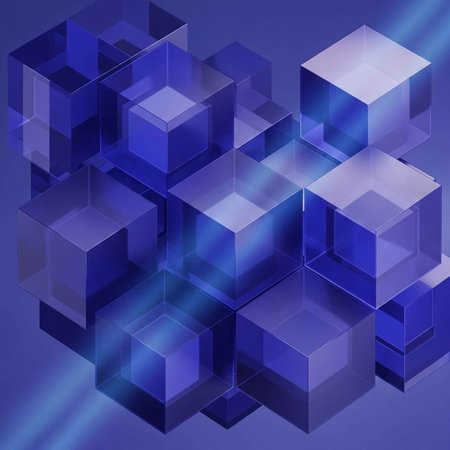 A 3D rendering of blue cubes with light beams on a purple backgroundの写真素材