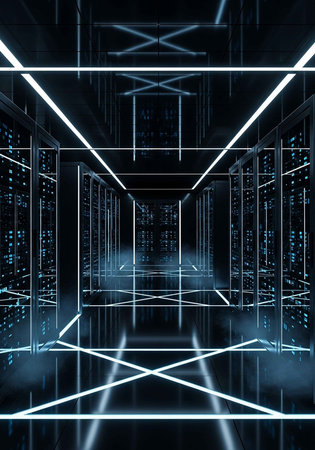 A futuristic server room with neon lights and rows of computer servers in a dark backgroundの写真素材