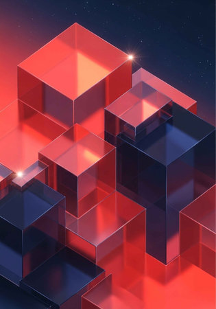 A futuristic 3D illustration of glowing red and blue cubes in a dark spaceの写真素材