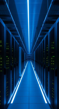network server room data center room with blue lights - abstract graphic backgroundの写真素材