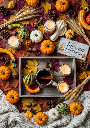 A cozy autumnal arrangement with pumpkins, candles, and a warm beverage in a rustic setting.の写真素材