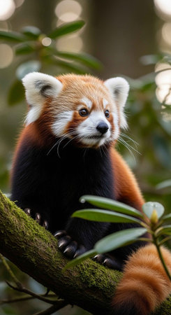 A red panda sitting on a tree branch in a forest with green leaves and mossの写真素材