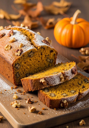 A delicious pumpkin bread loaf with walnuts on a wooden cutting board surrounded by autumn leaves and a small pumpkinの写真素材