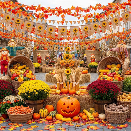 A vibrant autumnal market scene with pumpkins, flowers, and scarecrows on displayの写真素材