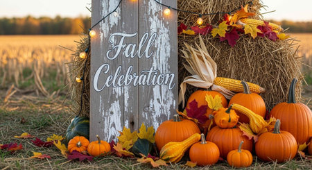A rustic fall celebration scene with pumpkins and hay bales in a rural settingの写真素材