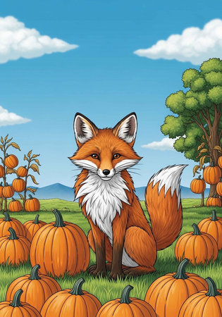 A cartoon fox sitting in a pumpkin patch on a sunny day with a blue sky and white cloudsの写真素材
