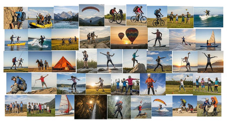 A vibrant collage of people enjoying outdoor activities in nature with friends and familyの写真素材