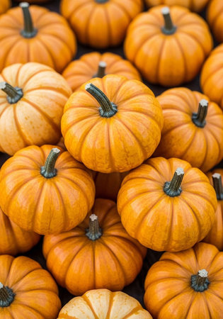 A large pile of small orange pumpkins with green stemsの写真素材