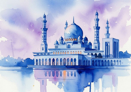A serene watercolor illustration of a mosque with a large blue dome and four minarets, reflected in calm water.の写真素材