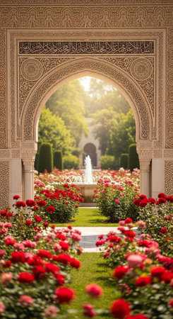A beautifully carved archway frames a vibrant rose garden with a central fountain, surrounded by lush greenery and blooming red roses.の写真素材