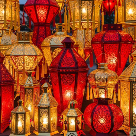 Vibrant red and gold lanterns with intricate designs, illuminated and arranged closely together.の写真素材