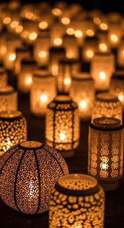 An array of intricately designed lanterns glowing with warm light, showcasing different shapes and patterns.の写真素材