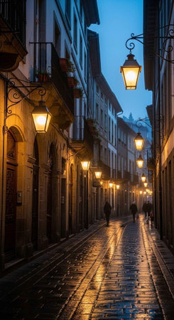 A dimly lit, wet cobblestone street flanked by old buildings and vintage lanterns at dusk.の写真素材