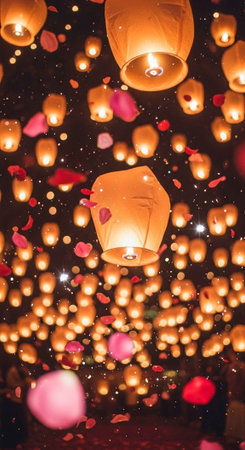 Numerous illuminated lanterns floating in the night sky with scattered pink petals.の写真素材