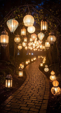 A winding brick path illuminated by numerous hanging lanterns and string lights in a dark, serene garden setting.の写真素材