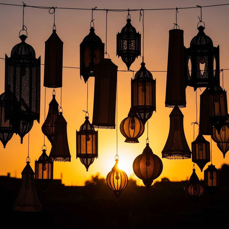 A collection of ornate lanterns hanging against a vibrant sunset sky.の写真素材