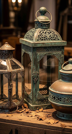 Intricately designed metal lanterns and vases with a green patina on a rustic wooden surface with fallen leaves.の写真素材