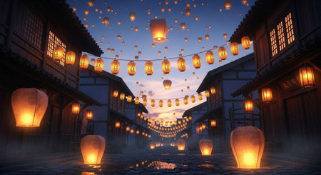 Narrow alleyway adorned with hanging lanterns and floating paper lights at twilight, creating a serene and warm atmosphere.の写真素材