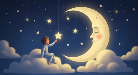A young boy in pajamas sits on clouds, reaching for a star on a smiling moon's face in a starry night sky.の写真素材