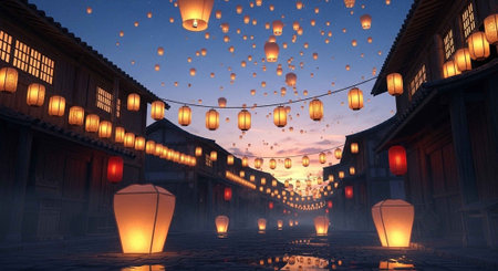 A serene alleyway adorned with hanging lanterns and street lights, reflecting on wet ground at dusk.の写真素材