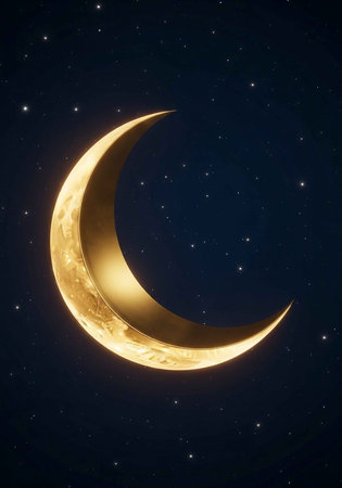 A vivid crescent moon glowing brightly against a dark night sky filled with stars.の写真素材