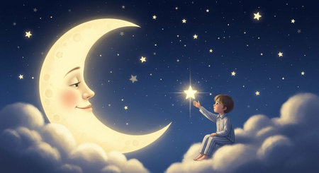 A young boy sits on a cloud reaching for a star, with a smiling crescent moon in a starry night sky.の写真素材