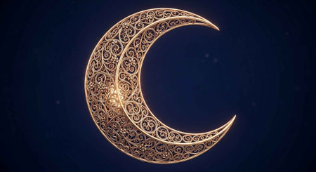 Detailed gold crescent moon with ornate patterns against a dark blue night sky.の写真素材