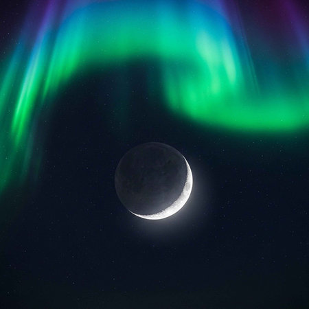 A crescent moon in a dark sky with vivid green and blue aurora lights.の写真素材