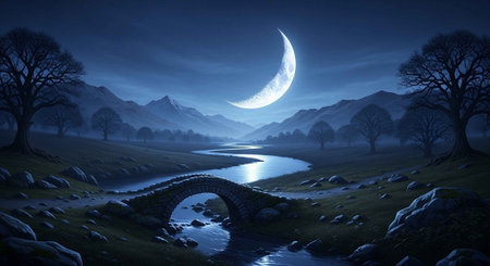 A serene night scene featuring a stone bridge over a river, with a bright moon and misty mountains in the background.の写真素材