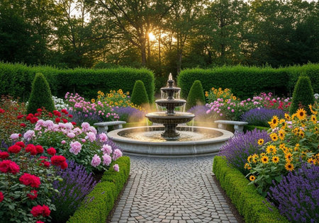 A tranquil garden scene with a stone fountain at the center, surrounded by neatly trimmed hedges and a variety of colorful flowers in full bloom.の写真素材