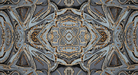 Close-up of an ornate ceiling featuring symmetrical gold and blue patterns.の写真素材