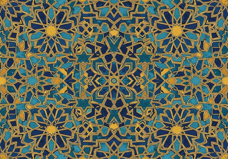 A repeating pattern of blue and gold geometric shapes forming stars and interlacing lines.の写真素材