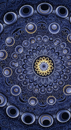 Detailed blue and gold mandala pattern on a ceiling with circular motifs and ornate detailing.の写真素材