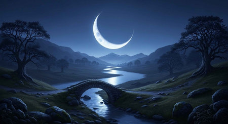 Serene night scene with a crescent moon, stone bridge, and calm river in a valley.の写真素材