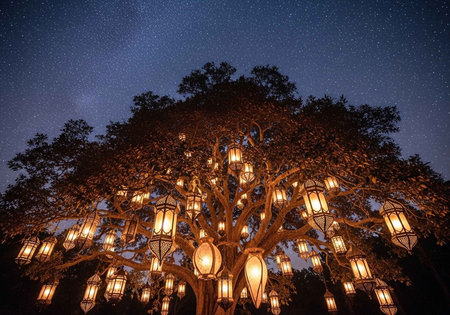 A large tree adorned with numerous glowing lanterns under a starry night sky.の写真素材