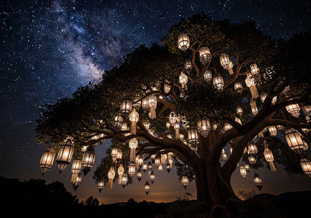 A tree adorned with numerous hanging lanterns under a starry night sky.の写真素材