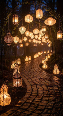 A cobblestone path illuminated by numerous hanging lanterns in various shapes and designs, creating a magical nighttime atmosphere.の写真素材
