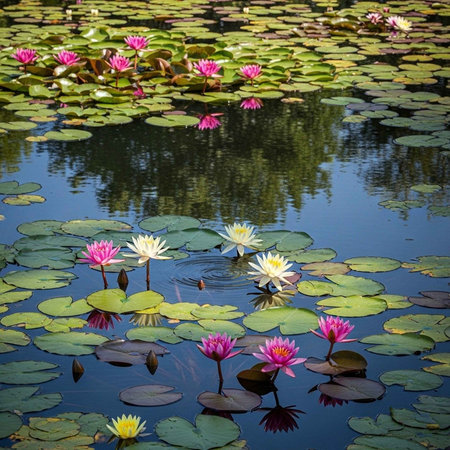 A serene pond filled with green lily pads and blooming pink and yellow water lilies and lotus flowers.の写真素材