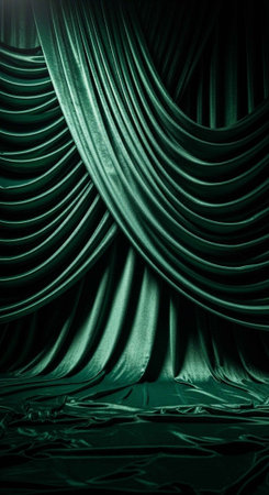 A close-up view of luxurious green curtains in a dramatic foldの写真素材