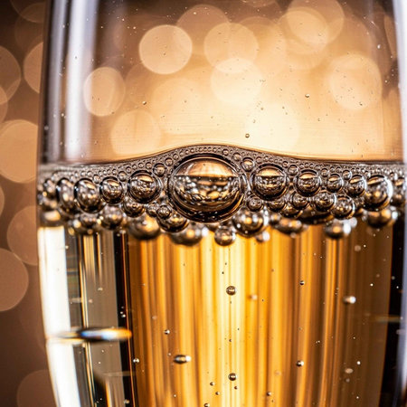A close-up view of a glass filled with bubbly golden liquidの写真素材