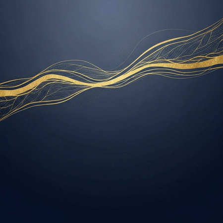 A dark blue background with golden wavy lines and a modern designの写真素材