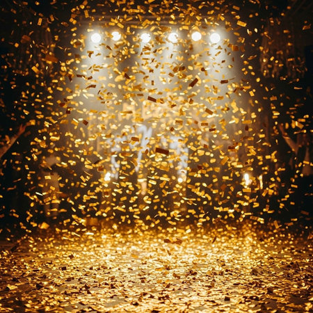 A stage is showered with golden confetti under bright lightsの写真素材